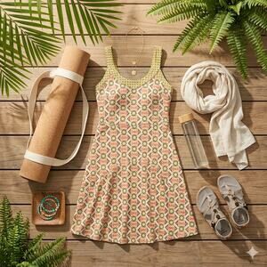 prAna Cali Dress Safari Guava Geometric Razor Back Style Built-in Padded Bra S